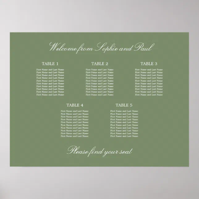 Sage Green 5 Table Wedding Seating Chart Poster