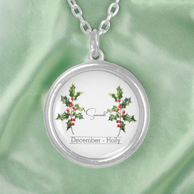 Birth Month Flower December Holly Silver Plated Necklace