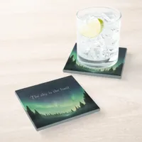 Green Shades of Northern Lights Night Sky Glass Coaster