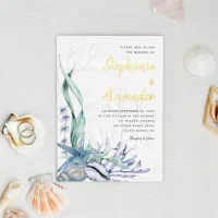 Modern Beach Watercolor Blue Shells Wedding Gold Foil Invitation