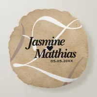 Rustic Elegant Vintage Monogram Burlap Wedding Round Pillow