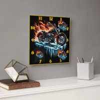 Fiery motorcycle on a frozen surface at dusk square wall clock