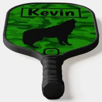 Modern Green Camo Black Wolf Silhouette Monogram | Carbon Fiber Pickleball Paddle