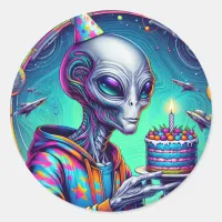 Alien holding Birthday Cake  Classic Round Sticker