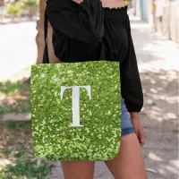 Lime Green Faux Glitter Bokeh Sparkly Monogram Tote Bag