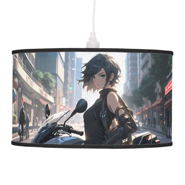 Anime woman biking downtown ceiling lamp