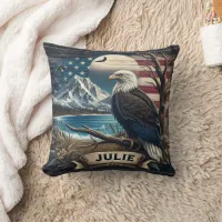 Majestic Eagle Near Mountains and American Flag Throw Pillow