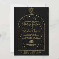 Celestial Black And Gold Stars Moon & Sun Wedding Invitation