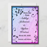 Music Butterfly Leaves Blue & Purple Wood Wedding Save The Date