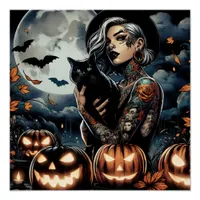 Tattooed Witch with Black Cat and Full Moon Poster