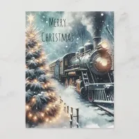 Old-Fashioned Train and Vintage Winter Scene Postcard