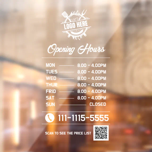 White Business Opening Hours Logo And QR Code Window Cling