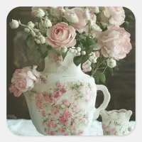 Pretty Pink Roses in Vintage Antique China Teapot Square Sticker