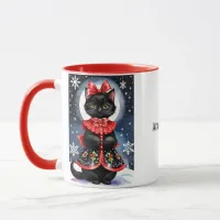 Black Christmas Cat in Holly Outfit Mug