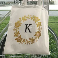 Elegant Gold Floral Monogram Letter Tote Bag