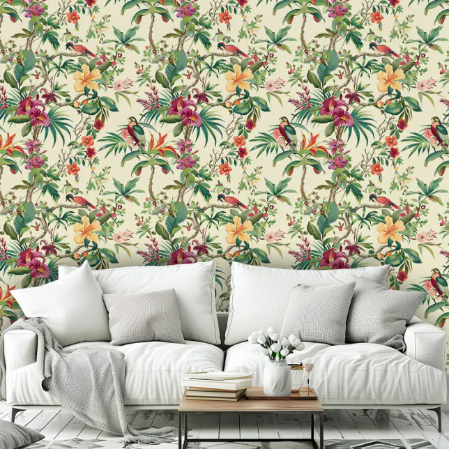 Vintage Tropical Flowers Birds Pink Green Pattern Wallpaper
