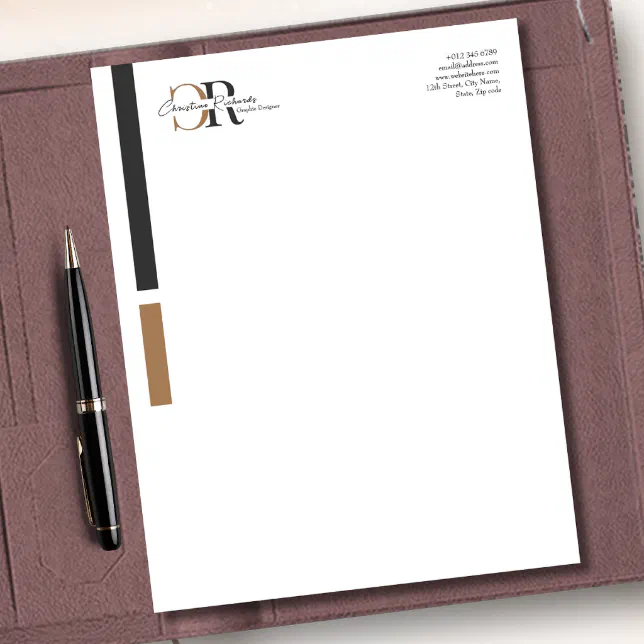 Simple Modern Black Gold Monogram Letterhead