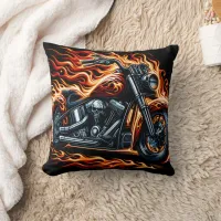 Fiery motorcycle revving in a blaze at sunset throw pillow