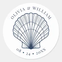 Seashell Beach Wedding Coastal Navy Blue  Classic Round Sticker