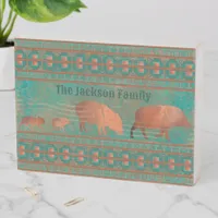 Southwest Cute Javelina Family Teal Personalized Wooden Box Sign