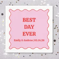 Best Day Ever Pink & Red Scalloped Custom Wedding  Napkins