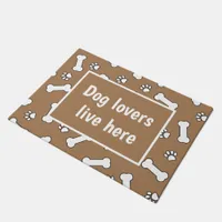 Dog Lovers Live Here Brown White Dog Bone Pattern Doormat