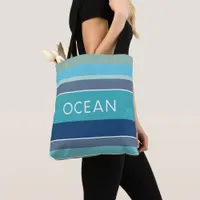 Ocean Blue Waves and Sky Colours Striped Beach Tote Bag