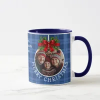 Christmas Ball Ornament Photo Blue Buffalo Plaid Mug