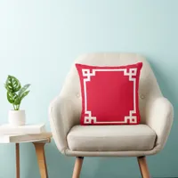 Candy Apple Red and White Greek Key Border Throw Pillow