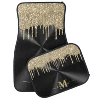 Monogram Gold Dripping Glitter Metallic Black Set Car Floor Mat