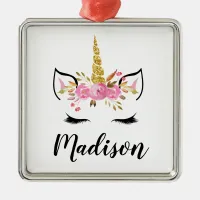 Unicorn Face With Eyelashes Personalized Name Metal Ornament