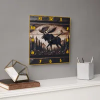 Carved Moose Design in Forest Setting Square Wall Clock