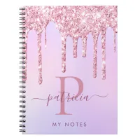 Glam Pink Glitter Drips Elegant Monogram Notebook