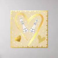 Gold Hearts King and Queen Chess Pieces on Brown | Canvas Print