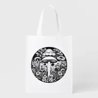 Black and White Flowers and Mushrooms Vintage Grocery Bag