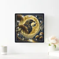 Eagle Perched Under Golden Moonlight Square Wall Clock