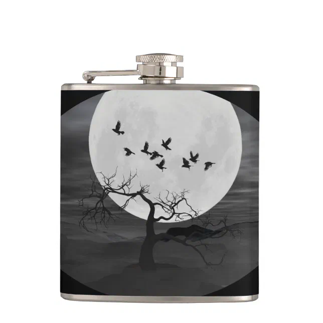 Spooky Ravens Flying Against the Full Moon Hip Flask