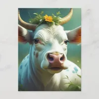 Cute White Ai Cow with Horns and Flowers Postcard