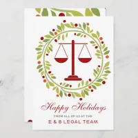 Red Justice Scale Holly Wreath Law Firm Christmas Holiday Card