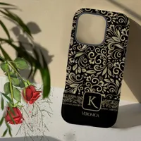 Elegant Black& Gold Floral Monogram iPhone 16 Pro Case