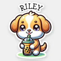 Cute Kawaii Puppy Dog with Bubble Tea Personalized Sticker