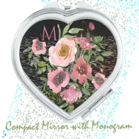 Pink Floral Black Compact Mirror