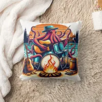 Octopus Playing Music by Campfire on Beach Throw Pillow