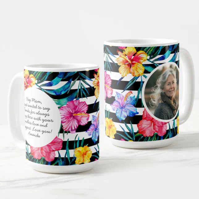 Tropical Floral Black Stripe | Mother's Day Photo Coffee Mug