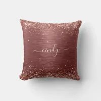 Rose Gold Glitter Brick Red Brushed Metal Name Throw Pillow