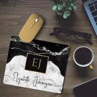 Modern Black White Marble Gold Initial Monogrammed Mouse Pad