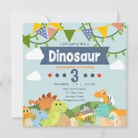 Colorful Dinosaur-Themed 3rd Birthday Invitation