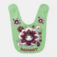 Cute Monogram Burgundy and White Flower on Green | Baby Bib