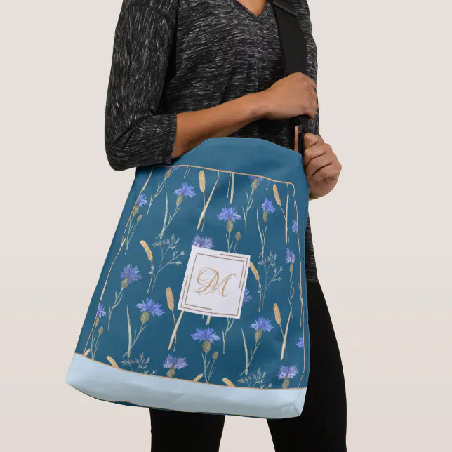 Blue Floral Wildflower Customized Monogram Crossbody Bag