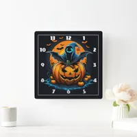 Spooky ghost rising from a carved pumpkin at night square wall clock